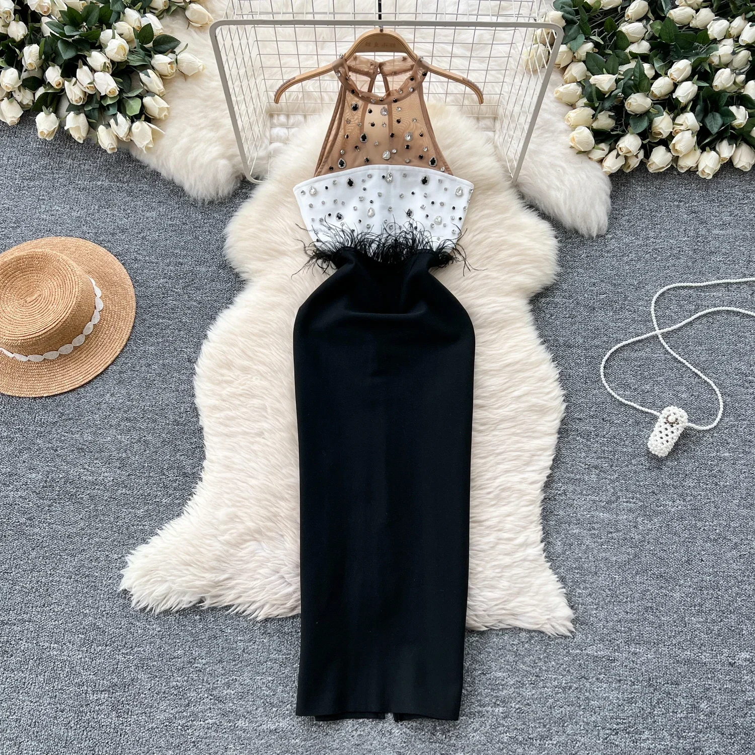 Elegante mouwloze vintage halter chique strass veren mesh gesplitst slanke split Franse avond high street herfst damesjurk