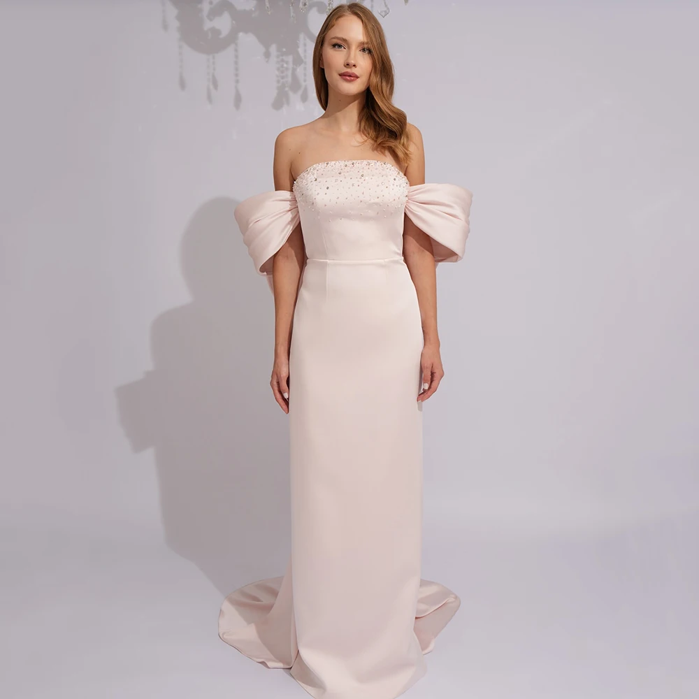 

Customized Off the Shoulder Jersey Evening Dress Sweep Train With Bow Sequined Party Dress Straight Floor Length Prom Gown