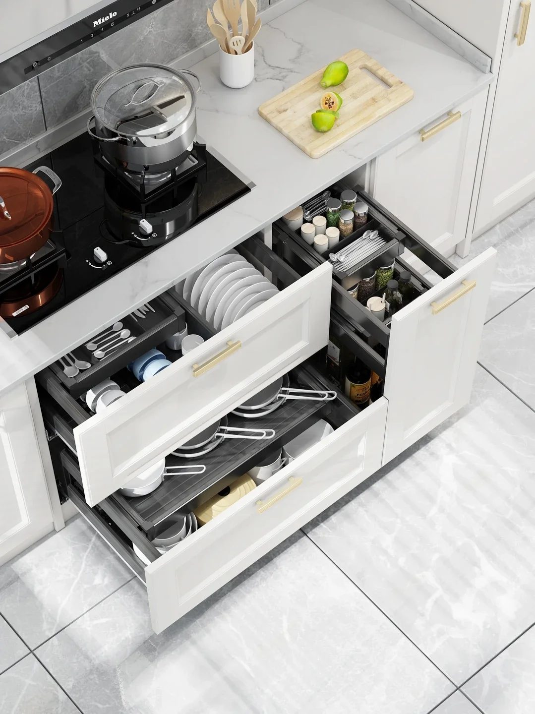 Kitchen cabinets, pull-out baskets, floor cabinets, magic suction, seasoning pull-out baskets, space aluminum three-layer