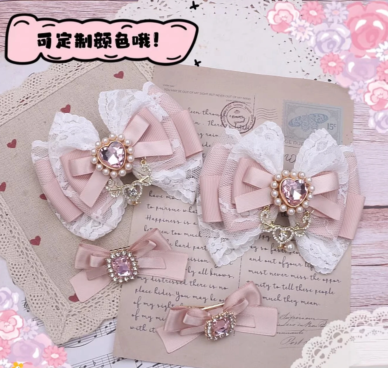

Japanese Handmade Mass Production Headgear Bud Lolita Lace Bow Rhinestone Pendant Hairpin Side Clip Hair Accessories Woman