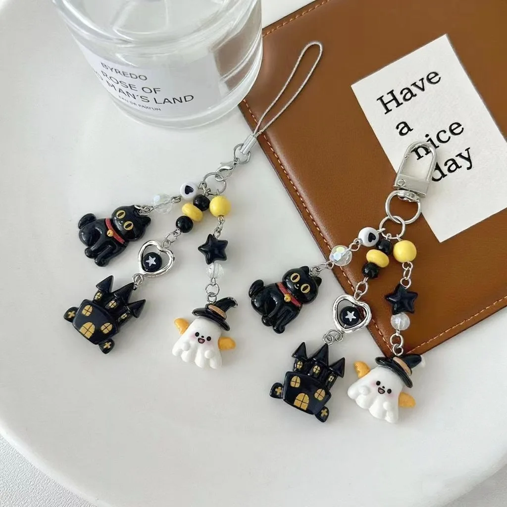 Cute Halloween Black Cat Ghost Keychain Resin Castle House Phone Charm Pendant Women Girls Backpack Key Ring Decor Holiday Gifts