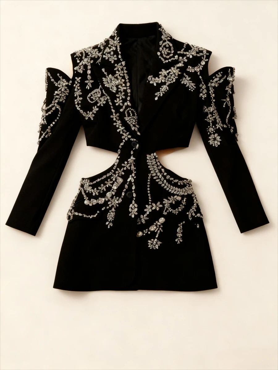 سترة VGH الراقية للولائم مقسمة بالألماس للنساء مع طية صدر السترة وأكمام طويلة سترة مفرغة مصممة معطف متوسط الطول للسيدات