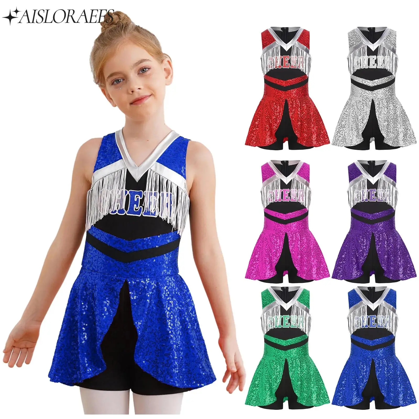 

Kids Girls Cheerleading Uniform Bodysuit Sleeveless Sequins Tassels Boyshorts Jumpsuit for Cheering Team Dance Stage Performance