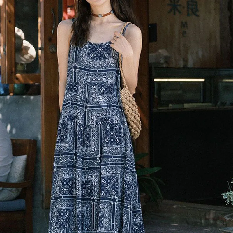 Casual All-match Women's Vintage Printed Slip Dress 2023 Summer Fashionable Vacation Sleeveless Long Dresses Female Clothing