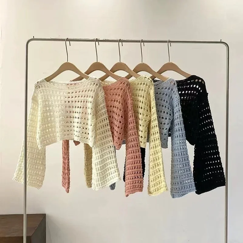 เสื้อคลุมถักโครเชต์แขนยาว 1 ชิ้น สำหรับฤดูร้อน ชายหาด บิกินี่ ครอปพูลโอเวอร์ เสื้อถักไหมพรม เสื้อผู้หญิง ชุดเที่ยวพักผ่อนสไตล์โบฮีเมียน