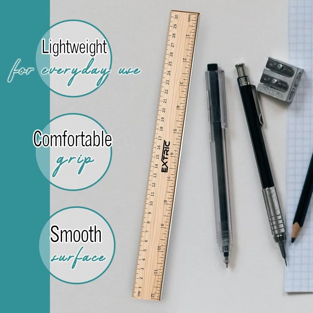 4 Pack 12 Inch Wood Rulers with Metal Edge - Great for School, Office, Home