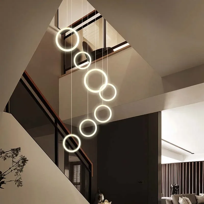 Imagem -03 - Modern Acrylic Rings Led Chandelier para Escadaria Minimalismo Branco Luminárias Interiores Round Attic Hanging Lamp Sala de Estar