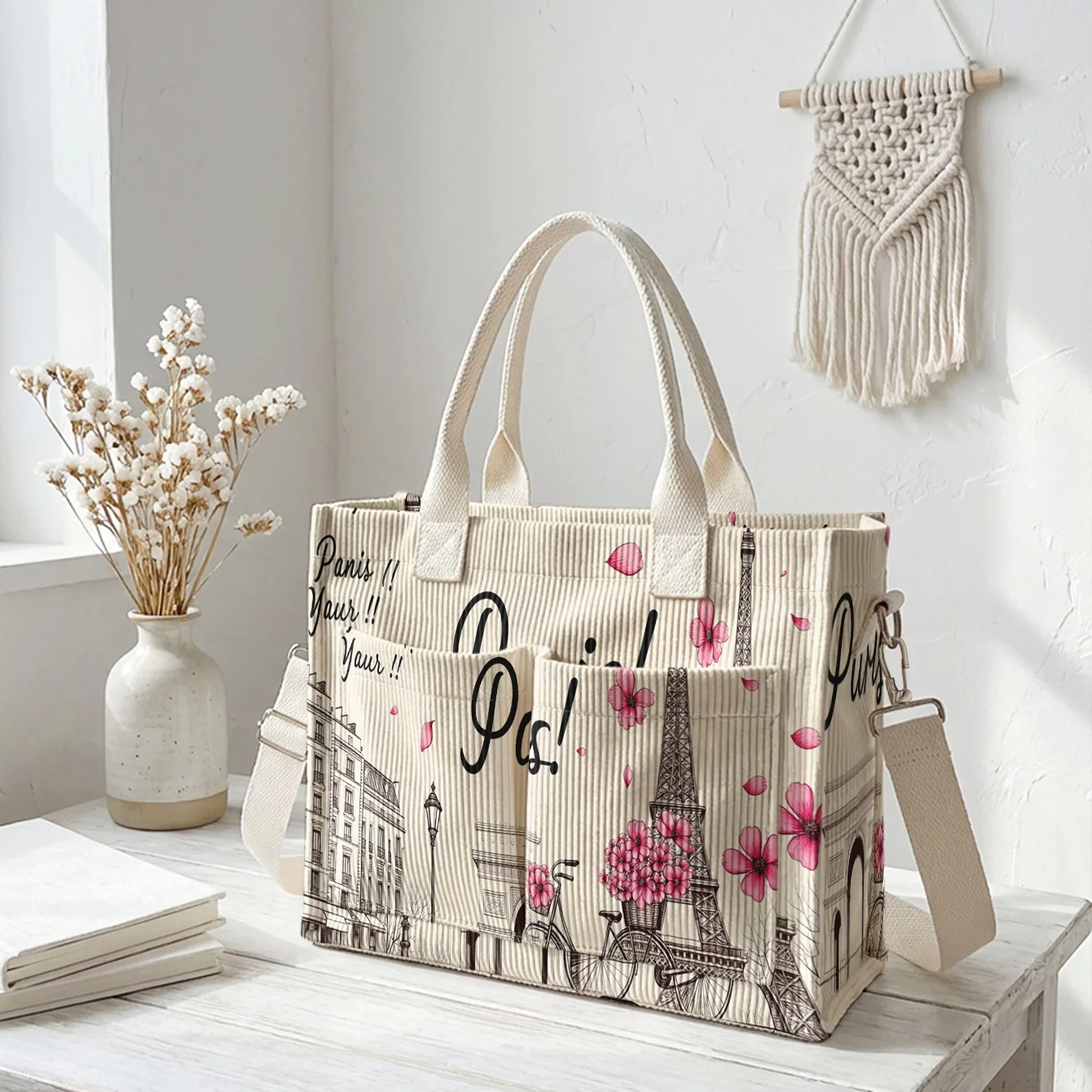 Paris Scenery Floral Print Corduroy Tote Bag Large Capacity Multi Pocket Detachable Crossbody Shoulder Bag