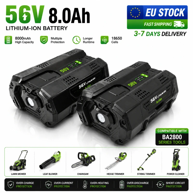 Image of 56V 8,0Ah Lithium-Akku-Ersatz für EGO BA2800 BA2800T BA4200 BA4200T BA1400 Akkupack, wiederaufladbarer Li-Ionen-Akku mit hoher Kapazität und LED-Anzeige, BMS-Schutz, schneller EU-Lagerversand für