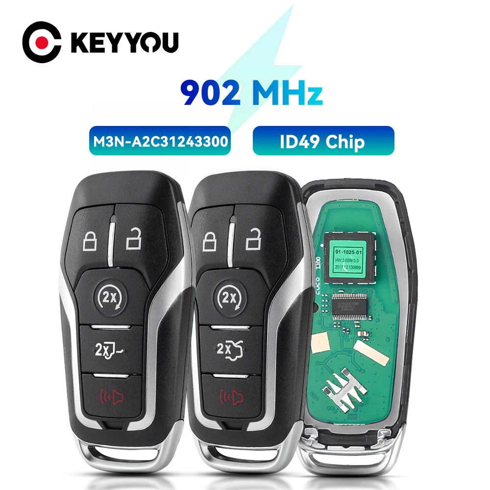 

KEYYOU Car Remote Key For Ford Fusion Explorer Edge Mustang 2013-2017 FSK 902MHz M3N-A2C31243300 ID49 Promixity Smart Card