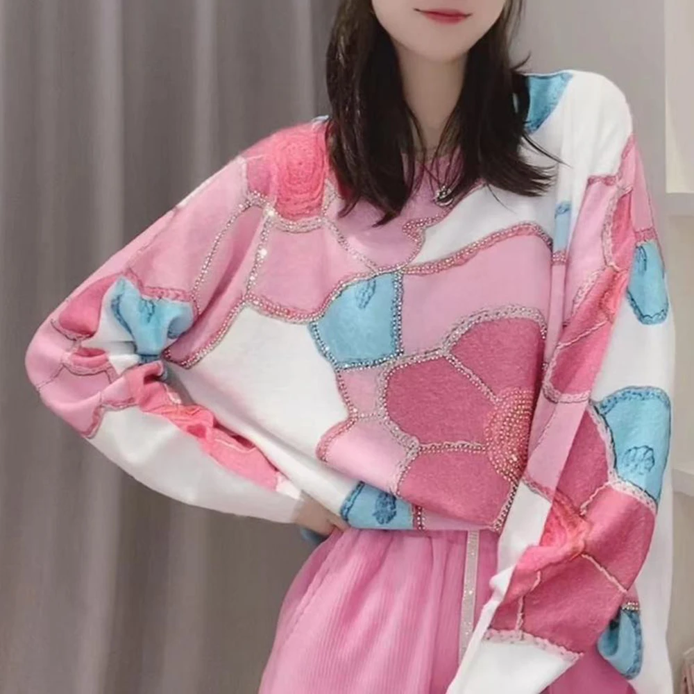 

Pink knitted sweater, women's new design, spring printed outerwear, medium to long loose and slimming top