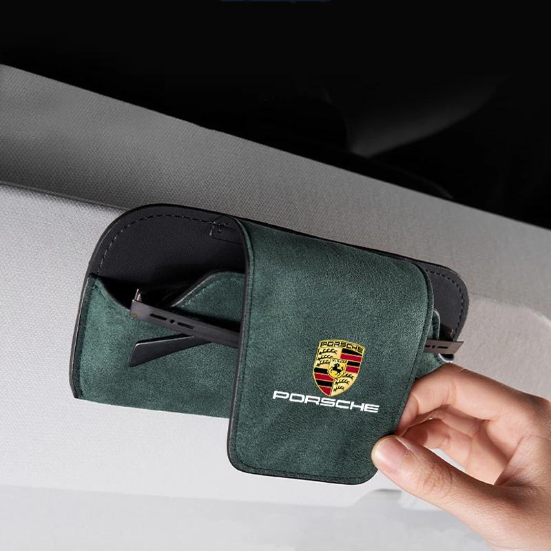 Caja de ante para gafas de coche, estuche para gafas con visera, almacenamiento para Porsche Cayenne Panamera Macan 911 718 Taycan Boxster Cayman 918 Pajun