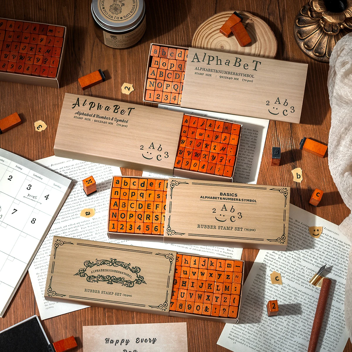 

70pcs/box, time puzzle stamp set, uppercase and lowercase English letter wooden seal, gift box handbook stamp as a gift