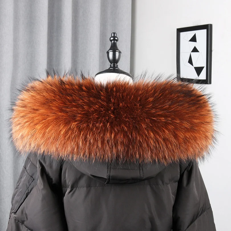 100% Real Fur Collar Luxury Warm Natural Raccoon Fur Scarf Women Genuine Fur Collar Scarves Large Fur Shawl Male Jacket Coat