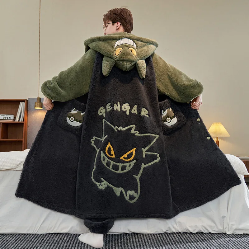 Gengar Herren Damen Kapuzen-Bademantel und Hosen Set, Dicker Warmer Flauschiger Plüsch-Bademantel Pokeball-Taschen Winter Weiche Schlafanzüge Loungewear