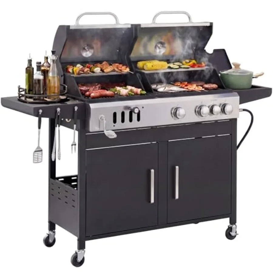 

Propane Grill with Side Burner and Porcelain-Enameled Cast Iron Grate, Dual Fuel BBQ Grill for Outdoor, Barbecue Grill, 690 SQI