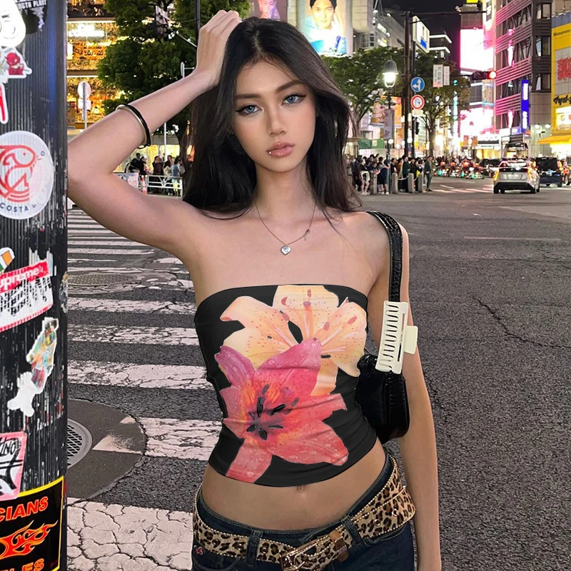 CUTENOVA Summer Women Floral Print Tube Top Hottie Sexy Backless Crop Top Strapless Sleeveless Skinny Tank Tops Club Streetwear