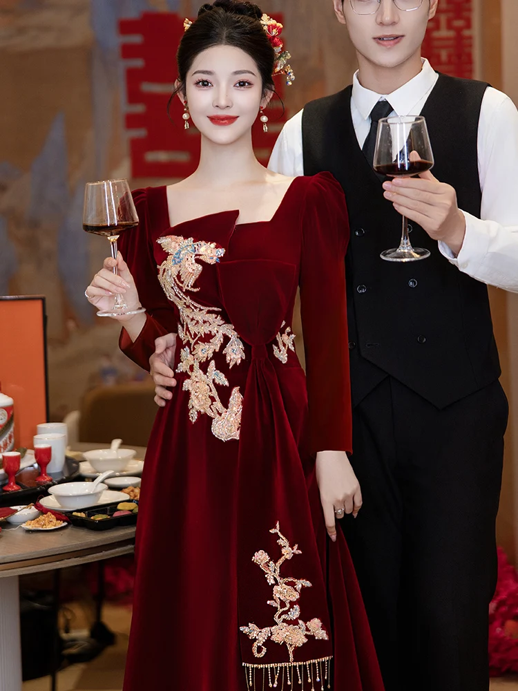 

Velvet Wedding Dr Red Wine Color Square Collar Engagement Dr Autumn Winter Long Sve Floor Length Evening Gown