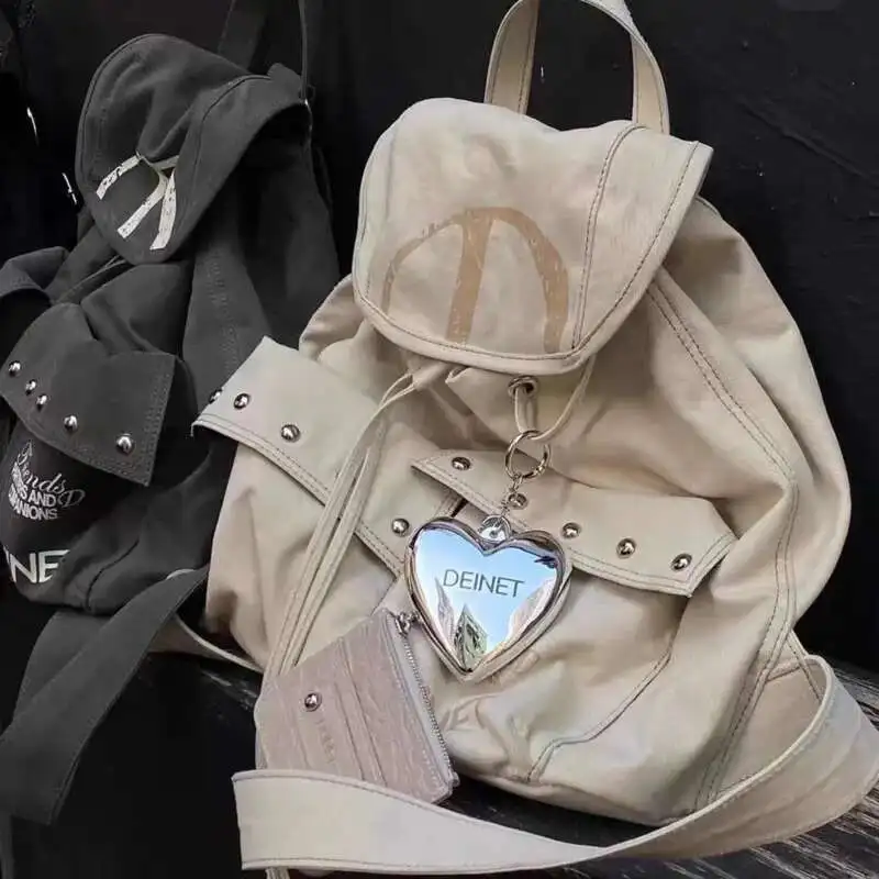 

Rivet Canvas Drawstring Backpack Men Women Large Capacity Simple Y2k Casual Unisex Canvas Shoulder Dual Pockets Decoration Bag