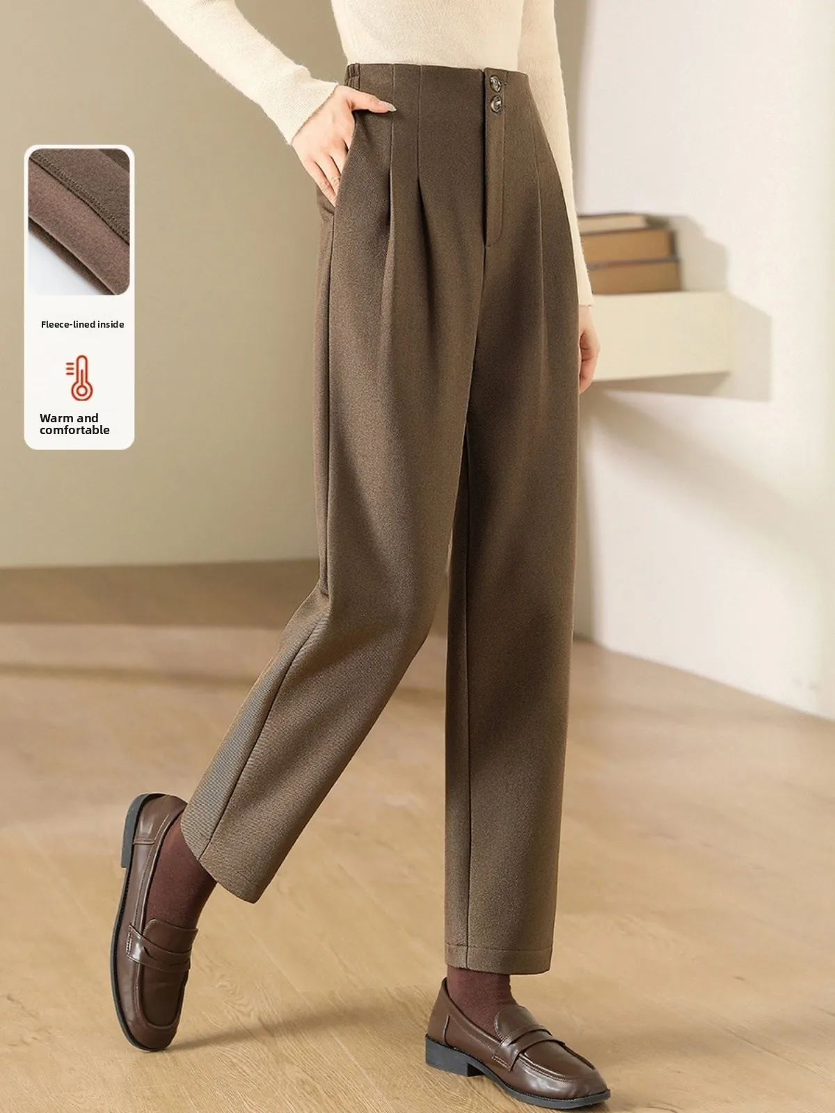 

High Waist Thiened Fce Casual Pants Women's Winter Loose Straight Leg Nine Tube Pants Cone ape Korean Sle Commute