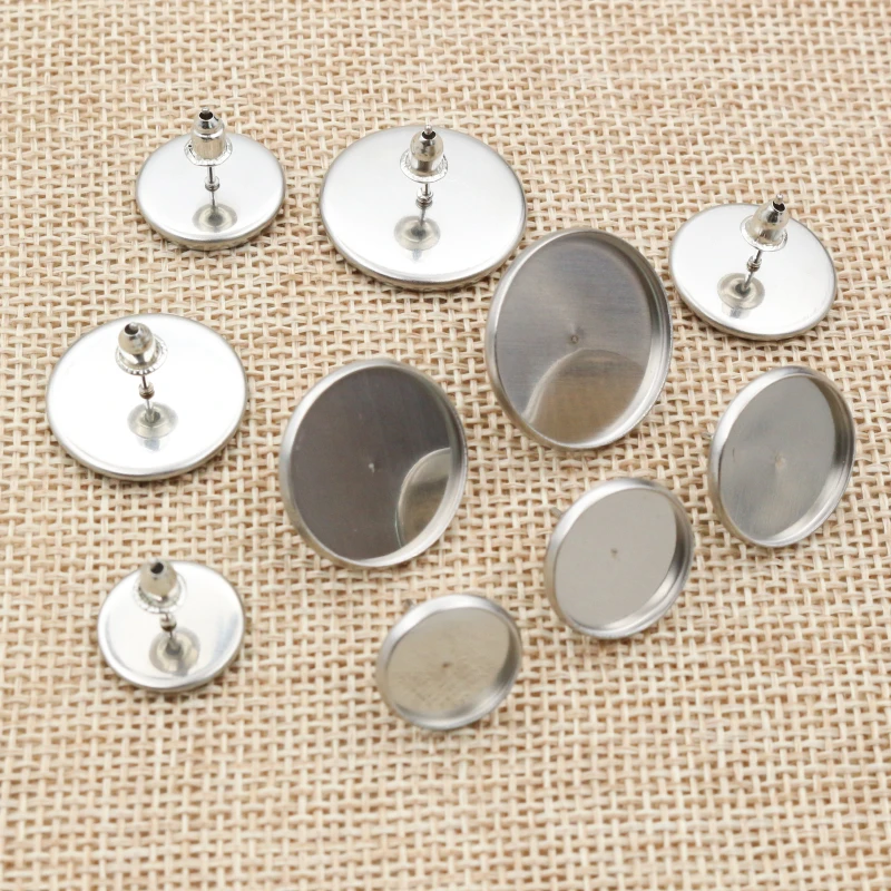 

(Never Fade) 6/8/10/12/14/16/18/20mm Stainless Steel Earring Base Studs Ear Cameo Settings Cabochon Base Tray Blank (With Back)
