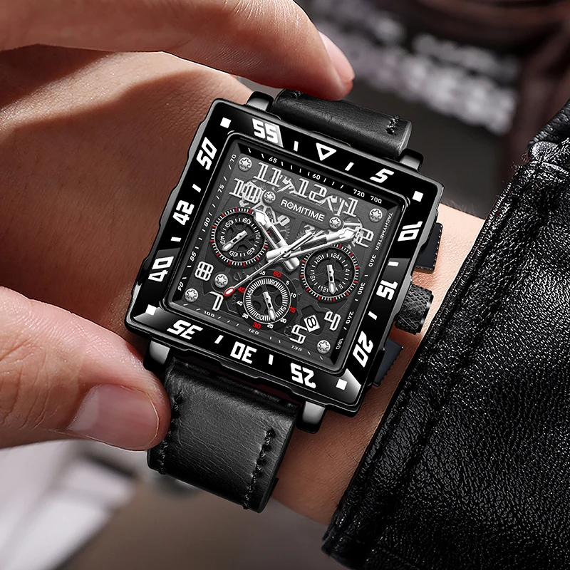 ROMITIME クォーツメンズ腕時計スタイリッシュなスクエアダイヤル発光防水カレンダークロノグラフ高級ファッションカジュアル腕時計男性用