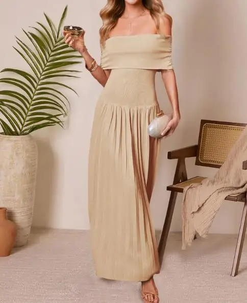 Elegant High-Waisted Summer Dress for Women Ruffled Shoulder Pleated Splicing Casual Fashionable Vacation Wear 2025