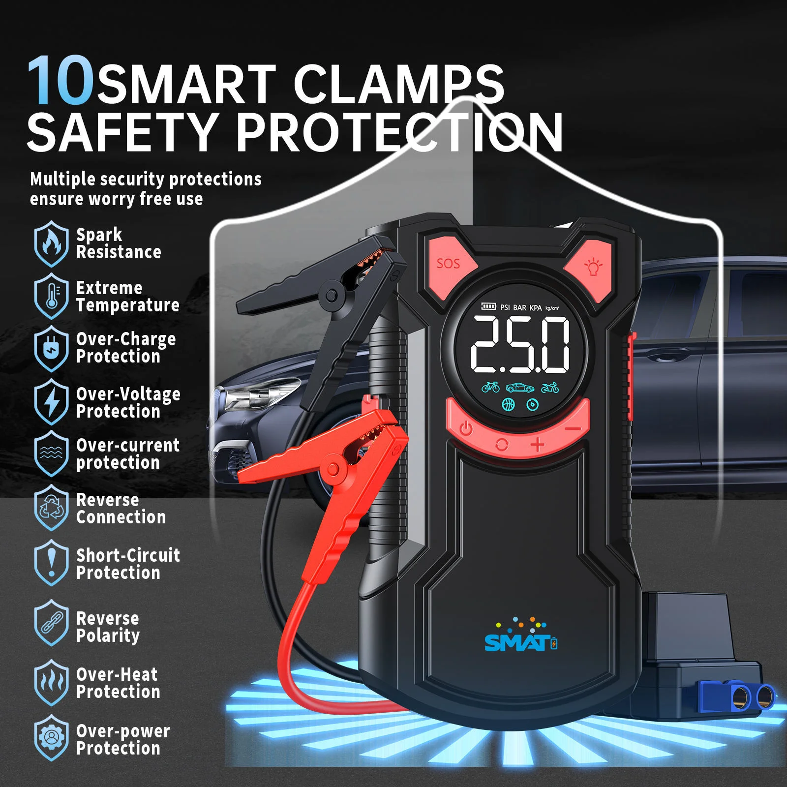 Factory Wholesale 20000mAh 5.0L Truck Car Jump Starter 150 PSI Tire Inflator 500A Peak Current USB-C Charging Digital Screen