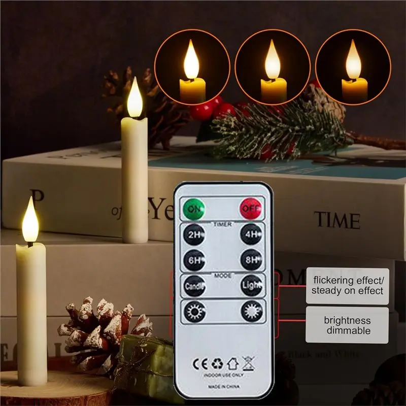 A60z6pcs Flameless LED Taper Candles Se Flameless 3D Wick Candles Clip-On Christmas Tree With Remote Timer For Home Decormay