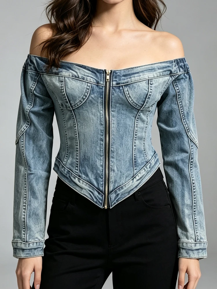 Women's Off Shoulder Denim Jacket Long Sleeve Front Zip Slim Short Coat Washed Outerwear Vintage Y2K Streetwear for Casual Wear