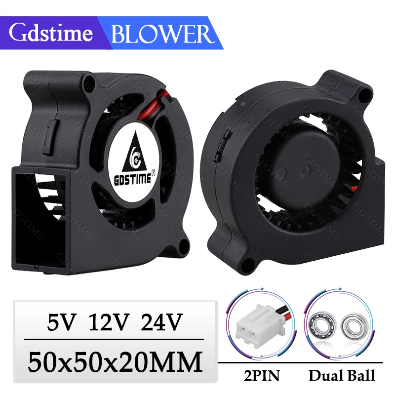 Gdstime Fan 5020 Wentylator dmuchawy 24V 12V 5V Wentylator turbinowy 50MM * 20MM Bezszczotkowy wentylator DC 5020 Chłodnica z łożyskiem kulkowym do chłodzenia drukarki 3D