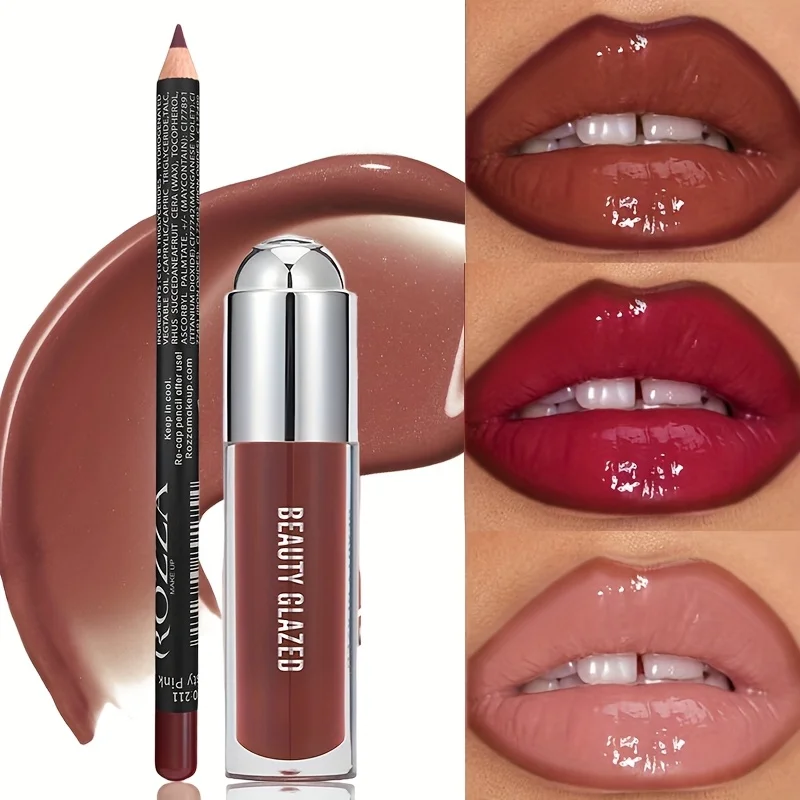 2Pcs Lip Gloss & Lip Liner Set Lip Kit Natural Nude Lip Glow Waterproof Longlasting Lip oil Liquid Lipstick Lip Liner Combo