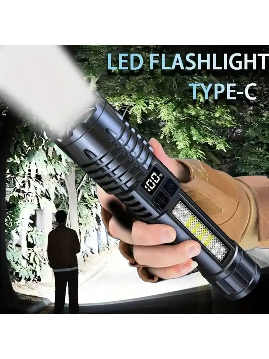 Rechargeable High Lumen LED Flashlight Tactical COB Work Light Power Display Waterproof Camping Emergency Christmas Men Gift