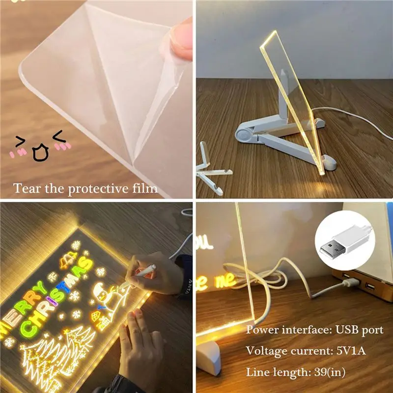 A01F-2X Acrylic Dry Erase Board With LED Light, Dry Erase Board With Stand As A Memo Letter Message Board