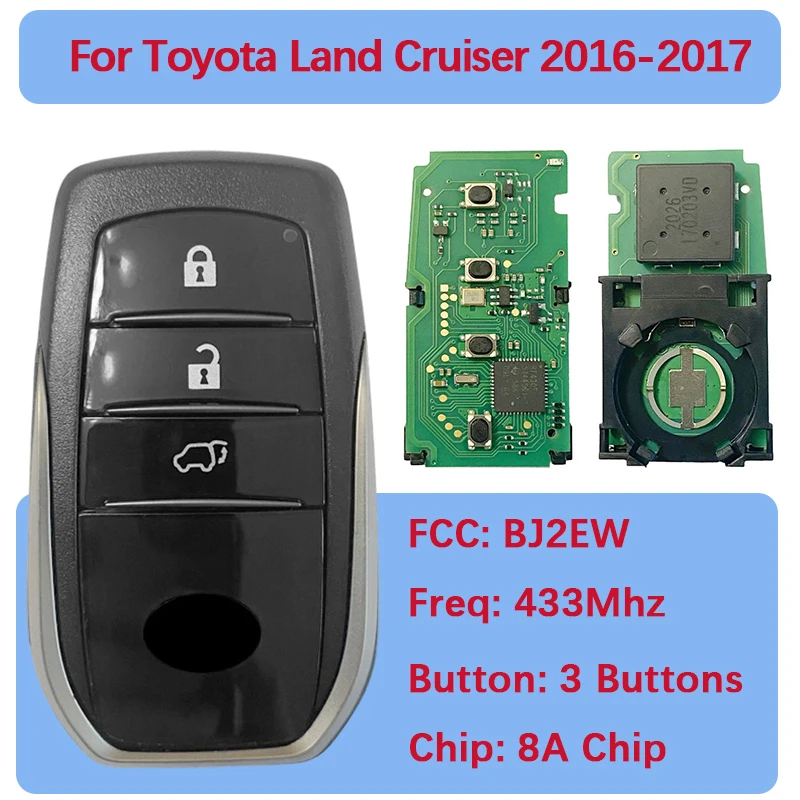 

CN007154 Послепродажный 3-кнопочный смарт-брелок 433 МГц 8A чип P4 A8 89904-60K80 BJ2EW для Toyota Land Cruiser 2016-2017