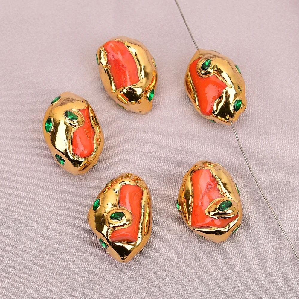 APDGG 5 Pcs Natural Orange Coral Nugget Paved Green Crystal Gold Plated Spacer Beads For Jewelry DIY