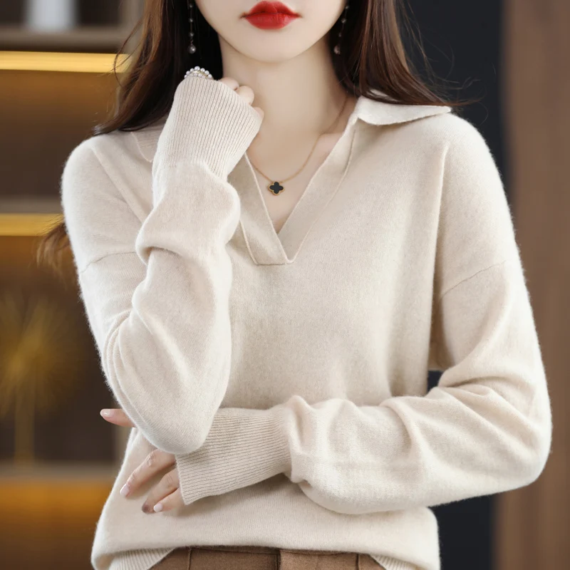 Autumn Winter New Woman 100% Wool Sweater Soft Polo Collar Pullover Casual Knitted Solid Color Tops Cashmere Female Sweater