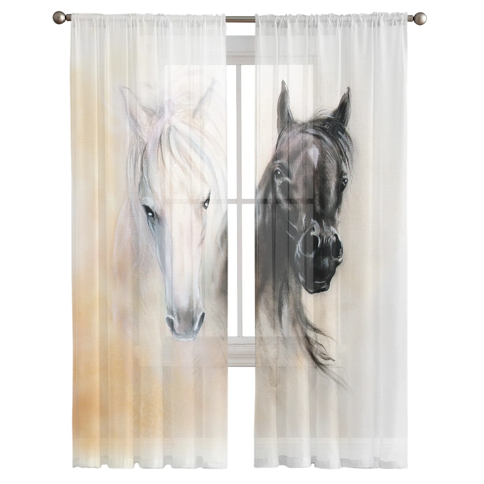 Black White Horse Watercolor Painting Tulle Sheer Window Curtains for Living Room Kitchen Children Bedroom Voile Hanging Curtain