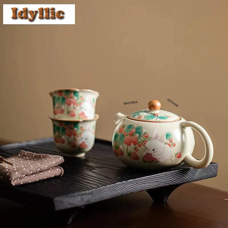 HOYIHM Cream Strawberry Bunny Ru Kiln Porcelain Tea Set Complete Set Ancient Tea Ceremony Set Teapot And Tea Cup Tea Ornaments