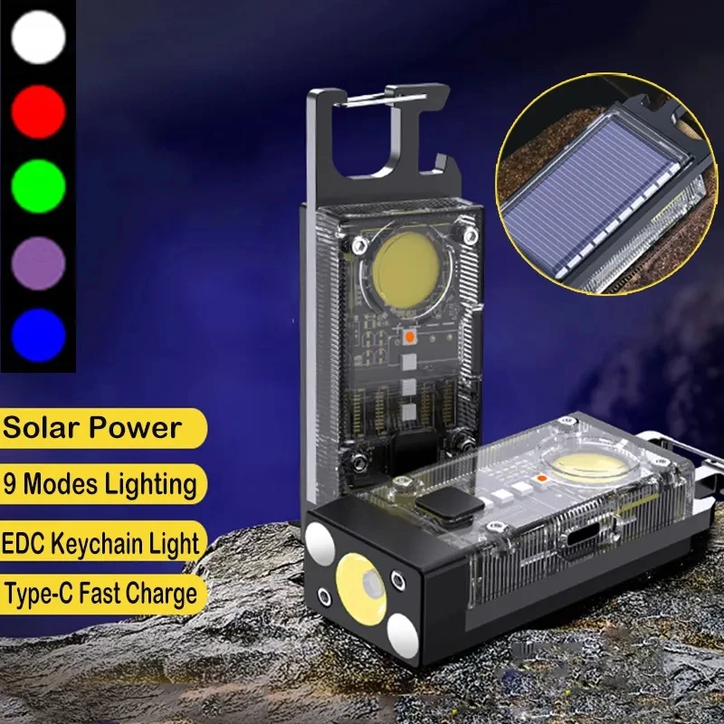 9Modes Solar COB LED Light Portable EDC Flashlight Rechargeable Keychain Light Outdoor Mini Pocket Flashlight for Camping Hiking