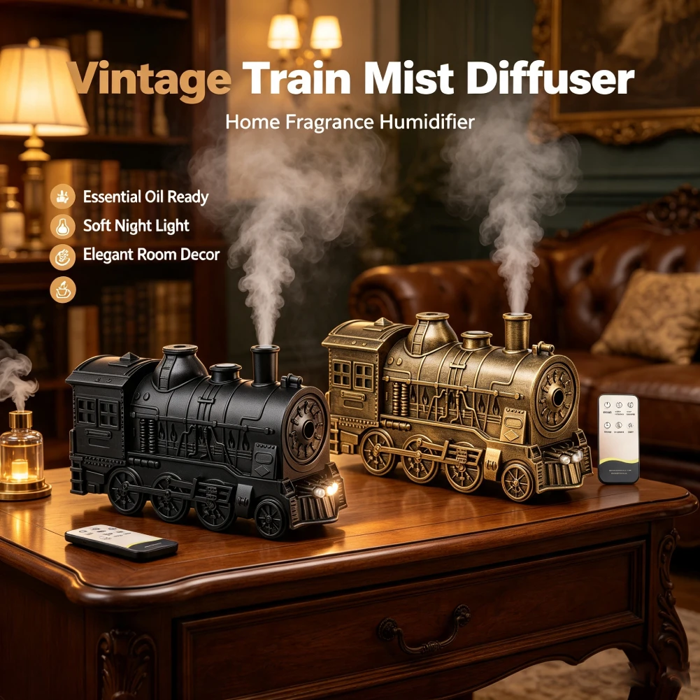 300ML Vintage Steam Train Air Diffuser Humidifier with 2-Color LED Light/2 Mist Modes Cool Mist Humidifier for Office Bedroom