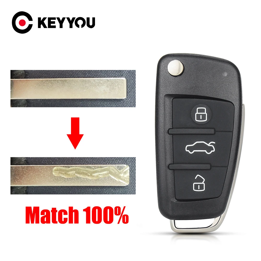 

KEYYOU с режущими услугами. 3 кнопки откидного дистанционного ключа для Audi A6L Q7 A2 A3 A4 A6 A6L A8 TT 2008 2009 2010 2011 Чехол для брелока
