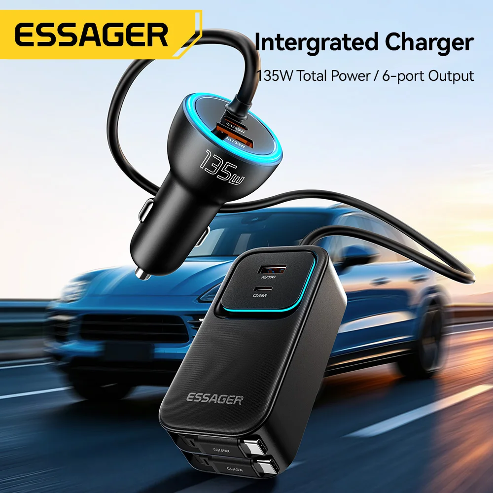 

Essager 135W Dual Retractable Cable Car Charger With Rear Socket Type-C PD QC Fast Charging For iPhone 17 Samsung Huawei Laptop
