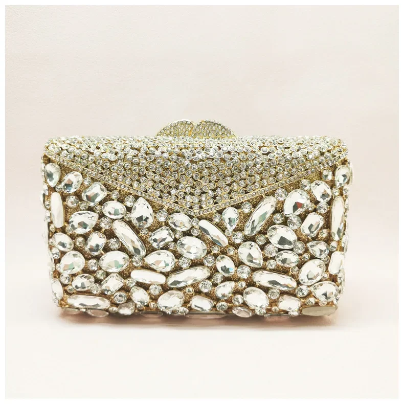 

Women White Crystal Gold Metal Evening Bag Envelope Shape Hollow Out Cocktail Prom Purses Diamond Wedding Bridal Party Handbag