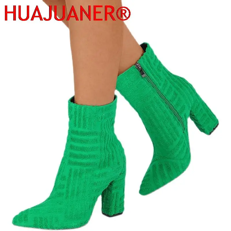 2025 Winter Fashion Women Ankle Boots 10cm High Heels Block Heels Zipper Short Boots Stripper Booties Green Luxury Design Shoes