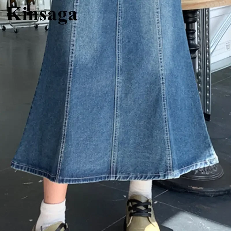 Women Vintage Retro Blue Mid Calf Long Mermaid Jeans Skirt 5xl Summer Korea Tassel Pockets Midi Denim Skirts Y2K Girl Jean Jupe