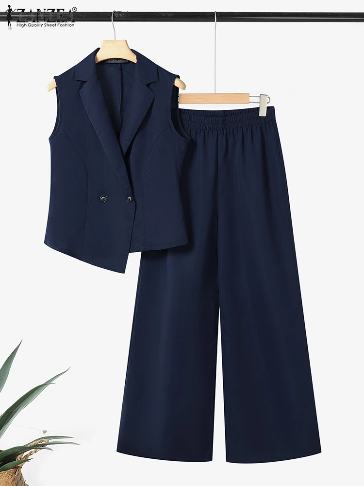 ZANZEA mode jambe large pantalon ensembles femmes revers cou asymétrique gilets hauts bureau trajet 2 pièces tenues élégant 2 pièces ensembles
