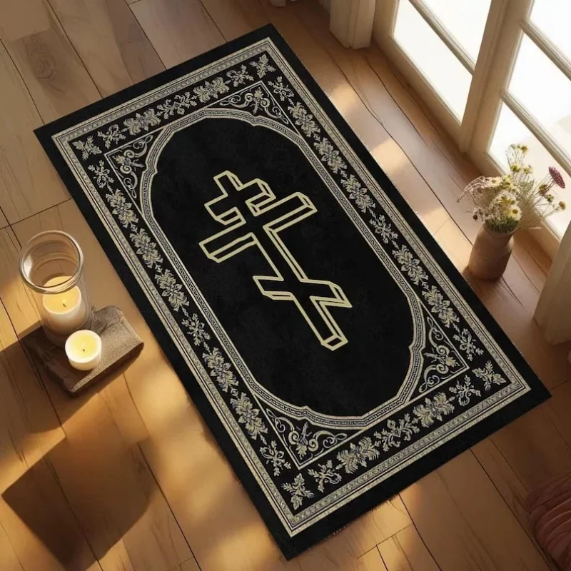 Vintage Orthodox Cross Floral Border Print Prayer Floor Rug, Classic Ornate Style Carpet for Prayer Room,Sacred Home Decor