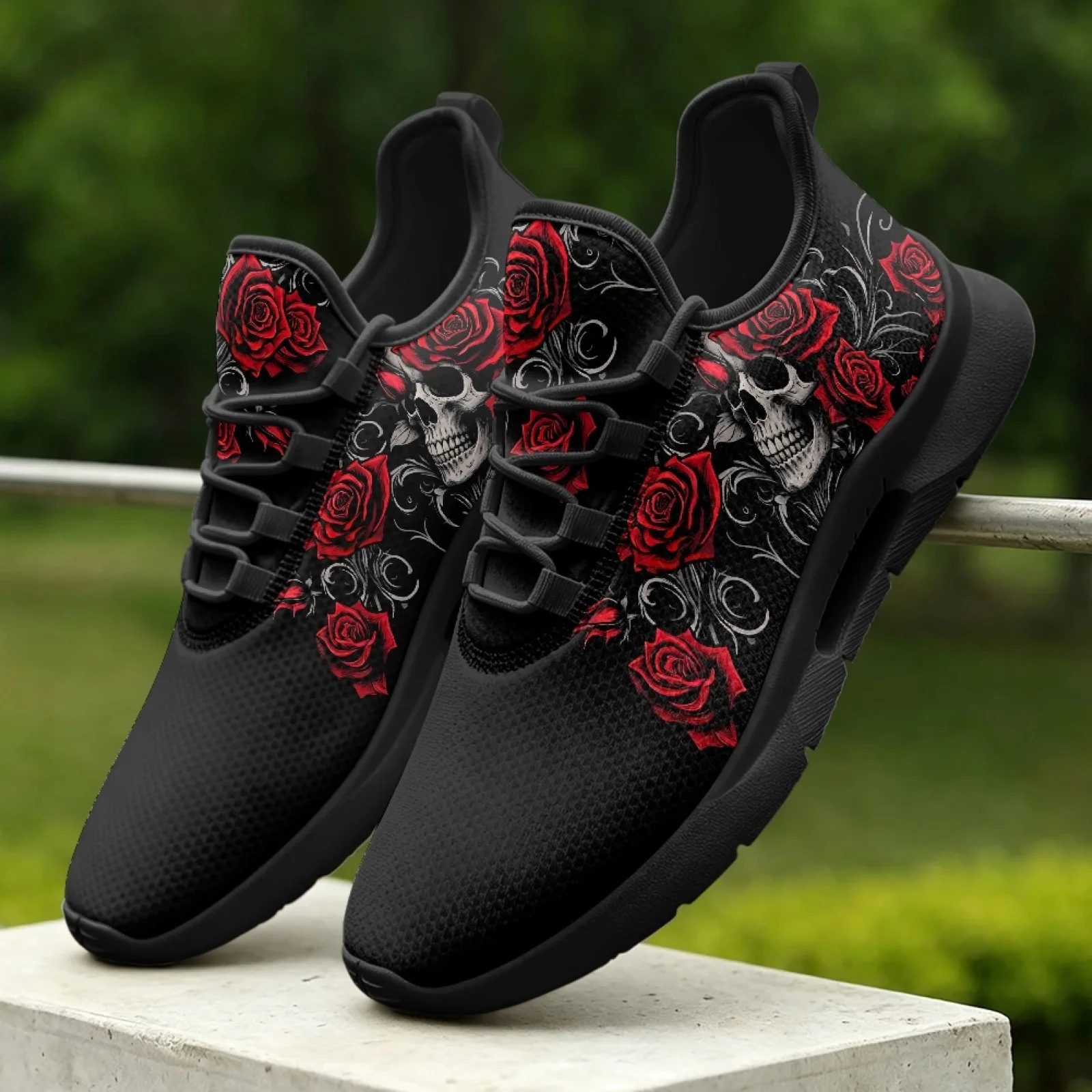 XIXIRIMIDO Lace-up Casual Shoes Men's Sneakers Comfortable Breathable Walking Shoe Women's Lightweight Sneaker Soft Rose Skull