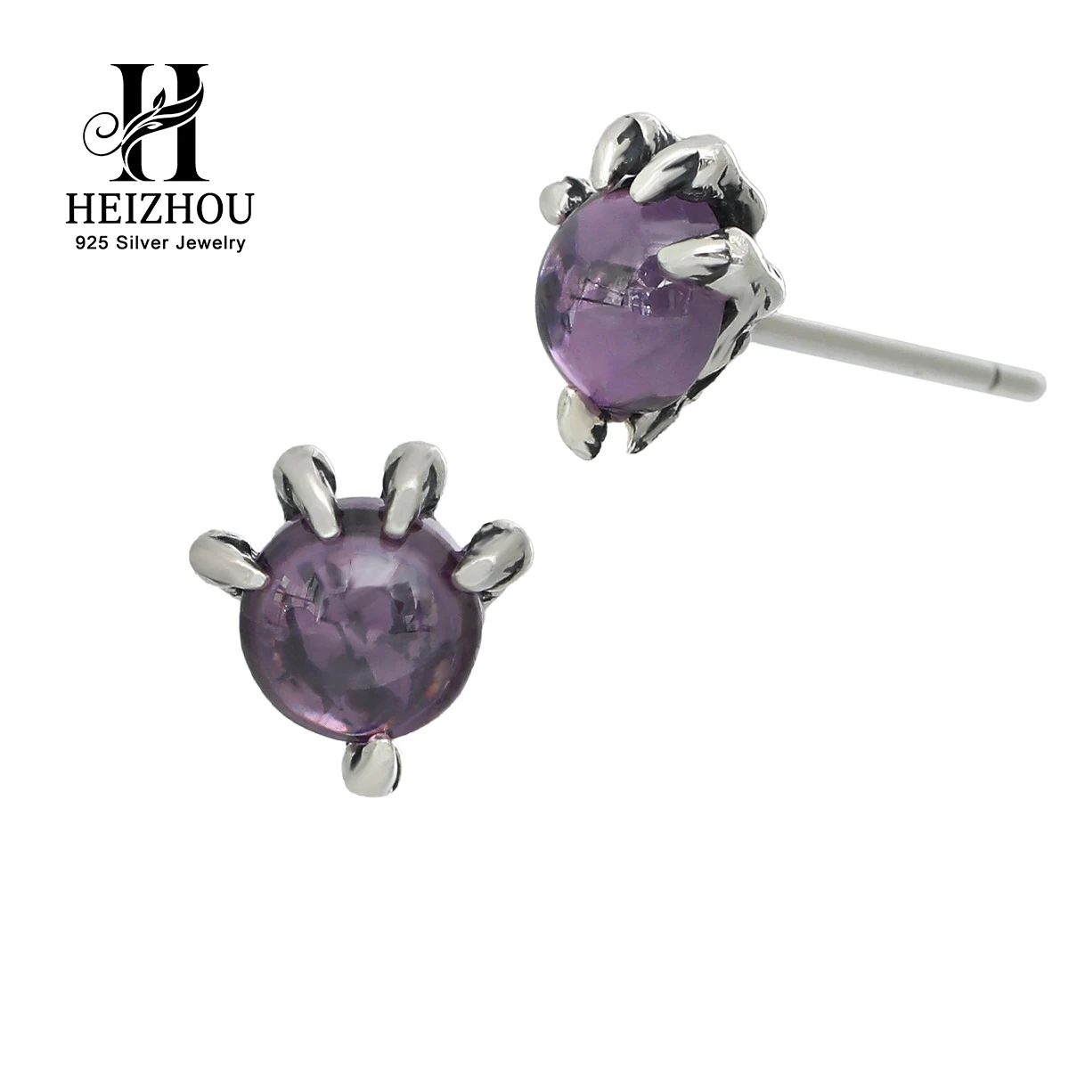 925 Sterling Silver Dragon Claw Stud Earrings With Purple Zircon for Womens Fine Gemstone Halloween Earring Jewelry